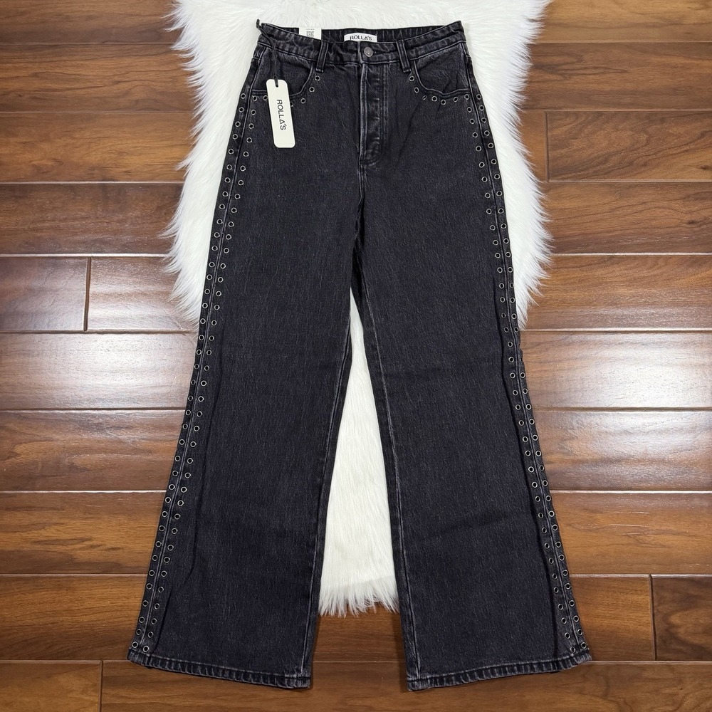 Rolla's Women's Size 26 Black Sand Grommet High Rise Wide Leg Sailor Denim Jeans